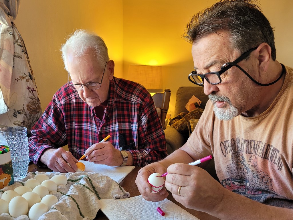 March 30, 2021, the day before mom passes away. We distract ourselves with painting Easter Eggs.